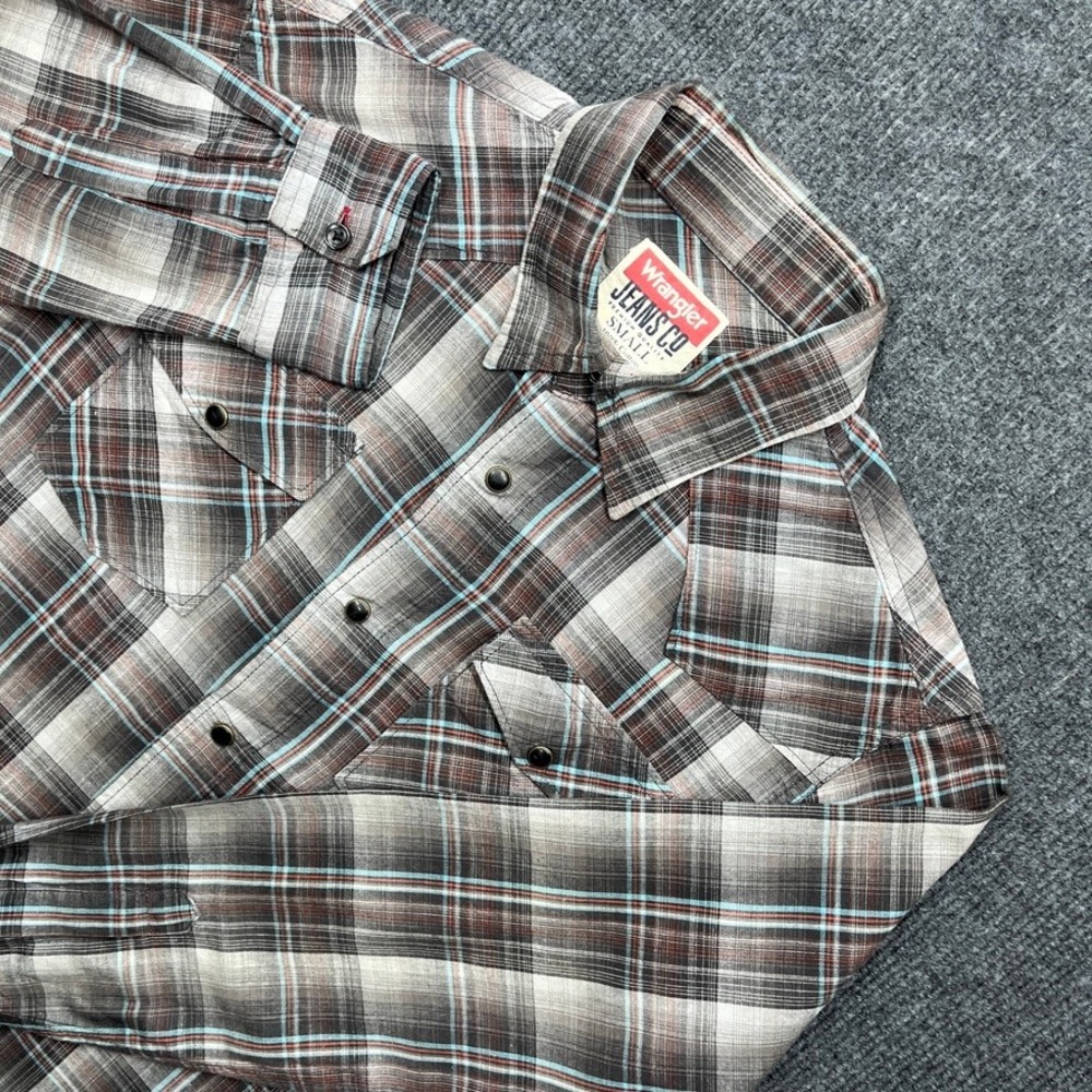 Wrangler Jeans Co Mens Small Western Pearl Snap Plaid Shirt Brown Blue Y2K